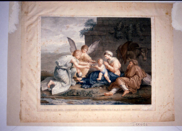 Riposo nella fuga in Egitto con angeli (stampa a colori ritoccata a mano) di Vedovato Pietro, Poussin Nicolas (secc. XVIII/ XIX)