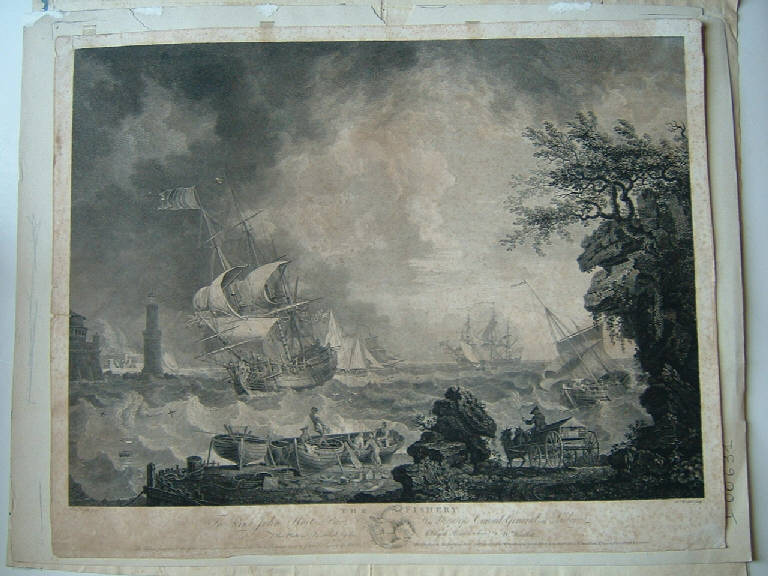 La pesca, Marina con tempesta (stampa smarginata) di Woollet William, Wright Richard (sec. XVIII)