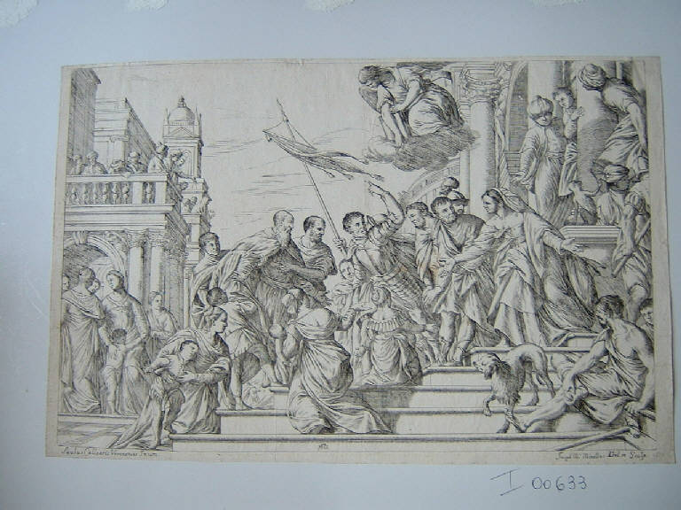 San Sebastiano conforta Marco e Marcelliano che si avviano all'esecuzione, San Marco, san Marcelliano e san Sebastiano (stampa) di Mitelli Giuseppe Maria, Mitelli Giuseppe Maria, Caliari Paolo detto Veronese (sec. XVII)