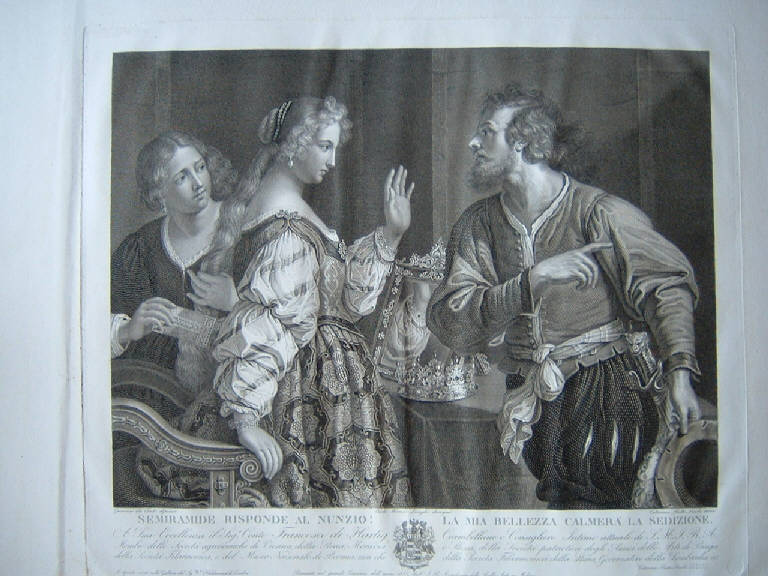Semiramide risponde al nunzio: la mia bellezza calmerà la sedizione, Semiramide in armi (stampa) di Piotti Pirola Caterina, Longhi Carlo Francesco, Barbieri Giovan Francesco detto Guercino (sec. XIX)