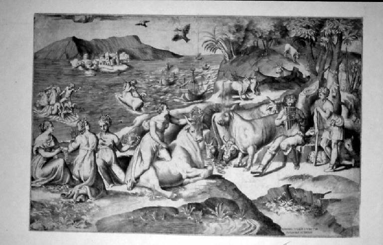 Ratto di Europa (stampa smarginata) di Bonasone Giulio, Sanzio Raffaello (sec. XVI)