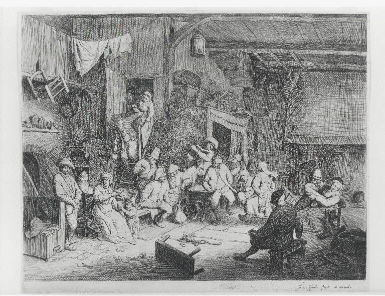 Danza nella locanda, Interno di locanda con danza di contadini (stampa) di Van Ostade Adriaen, Van Ostade Adriaen (sec. XVII)