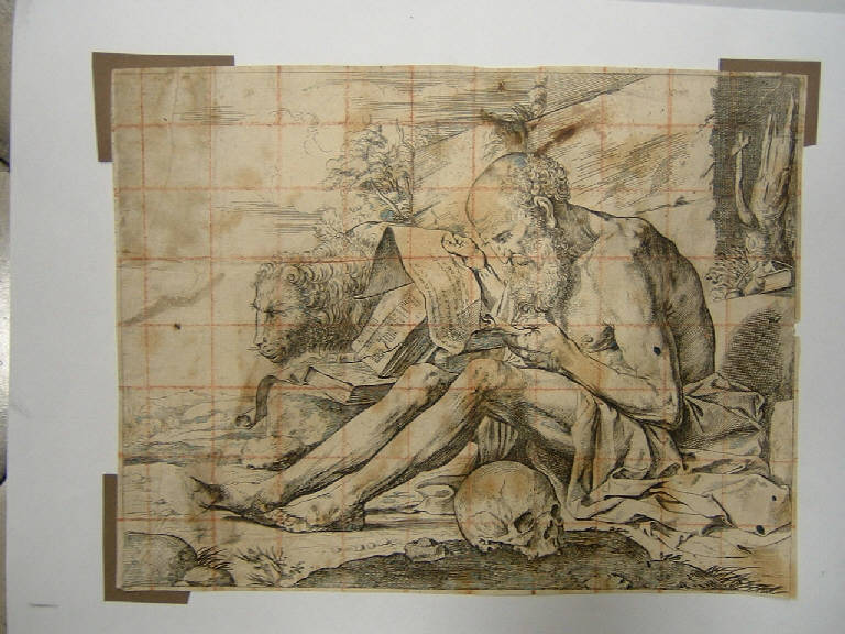 San Girolamo, San Girolamo penitente nel deserto (stampa smarginata) di De Ribera Jusepe detto Spagnoletto - scuola italiana (sec. XVII)