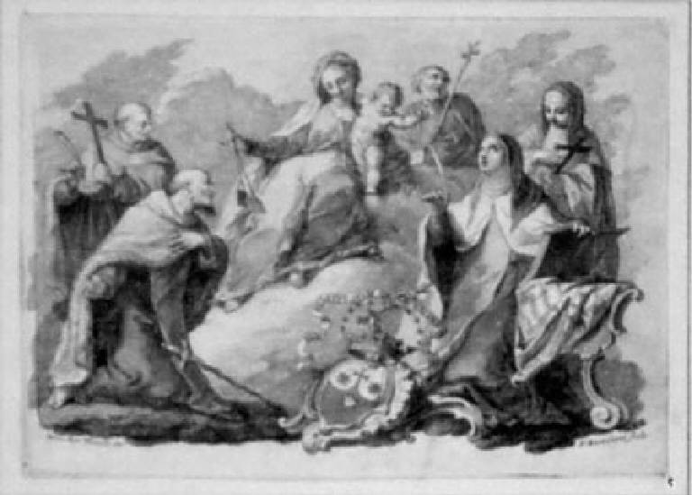 La Madonna del Carmelo, Sacra Famiglia con santi (stampa) di Bartolozzi Francesco, Novelli Pietro Antonio (sec. XVIII)