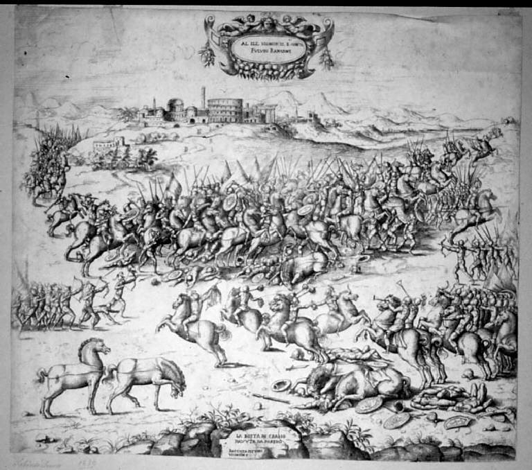 La rotta di Crasso ad opera dei Parti, Rotta di Crasso ad opera dei Parti (stampa smarginata) di Pittoni Giovanni Battista, Pittoni Giovanni Battista (sec. XVI)