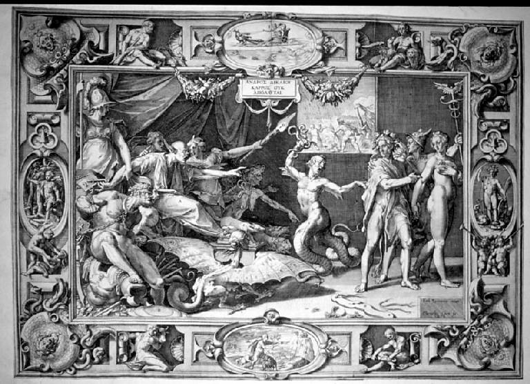 Calunnia di Apelle (stampa smarginata) di Cort Cornelis, Zuccari Federico (sec. XVI)