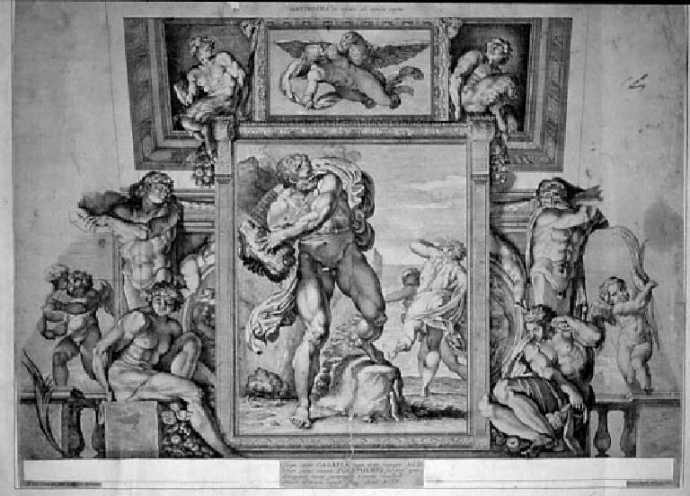 Veduta della parete sovrastante la porta con Polifemo ed Aci, Polifemo scaglia un macigno contro Aci (stampa smarginata, elemento d'insieme) di Aquila Pietro, Aquila Pietro, Carracci Annibale (sec. XVII)