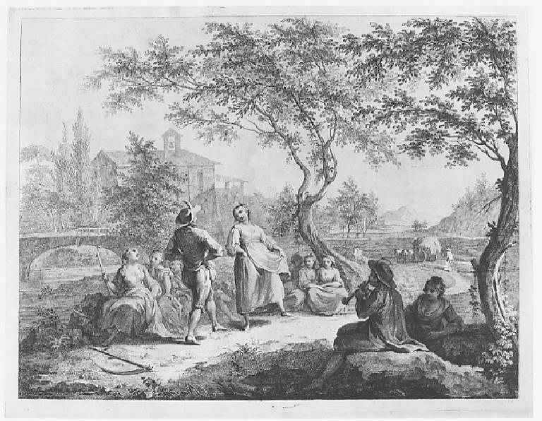 Paesaggio agreste con ballo di contadini (stampa) - scuola italiana, scuola italiana (fine sec. XVIII)