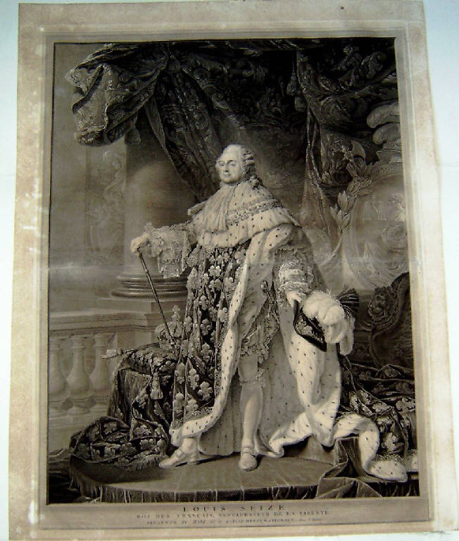 Luigi sedicesimo re dei francesi, restauratore della libertà, Ritratto di Luigi XVI re di Francia (stampa) di Callet Antoine François, Bervic Charles Clément (sec. XVIII)