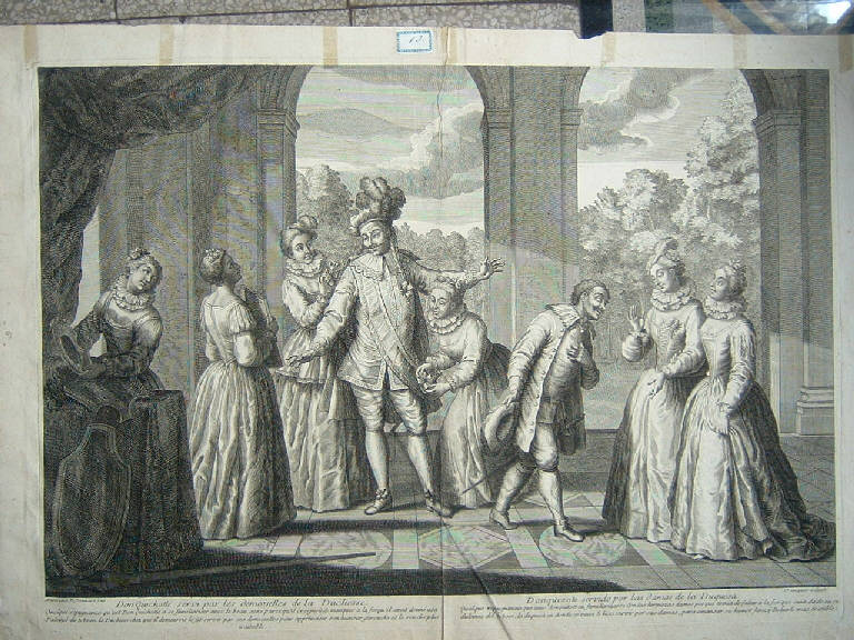 Don Chisciotte vestito dalle damigelle della duchessa (stampa) di Bonnart Nicolas detto II, Bonnart Nicolas detto II (sec. XVIII)