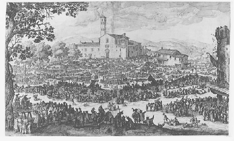 Fiera dell'Impruneta, Paesaggio con fiera (stampa smarginata) di Callot Jacques - scuola italiana (sec. XVII)