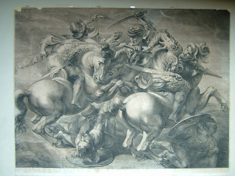 Battaglia a cavallo (stampa smarginata) di Edelinck Gérard, Leonardo da Vinci - scuola fiamminga (secc. XVII/ XVIII)