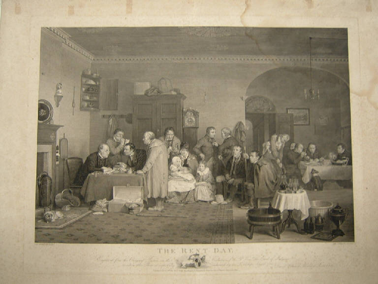 Il giorno del pagamento dell'affitto, Interno con scena del pagamento dell'affitto (stampa) di Raimbach Abraham (sec. XIX)