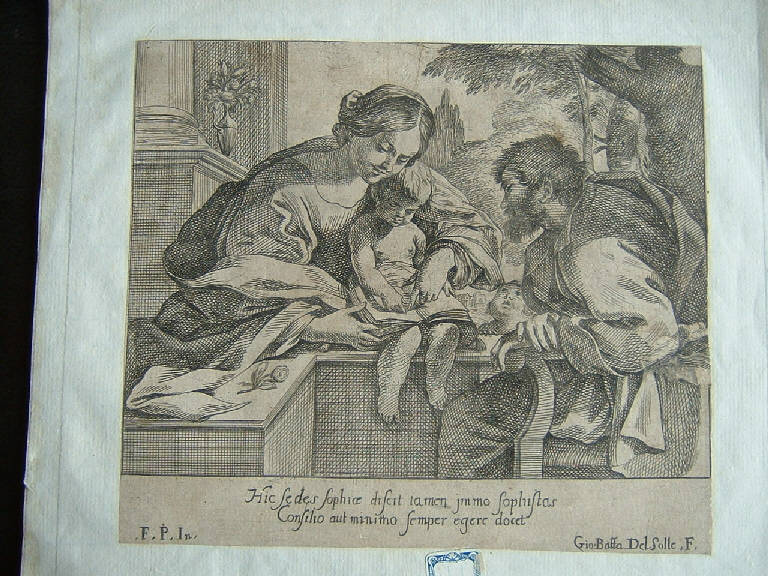 La Vergine e san Giuseppe insegnano a leggere al Bambino, Sacra Famiglia (stampa) di Del Sole Giovanni Battista - scuola italiana (sec. XVII)