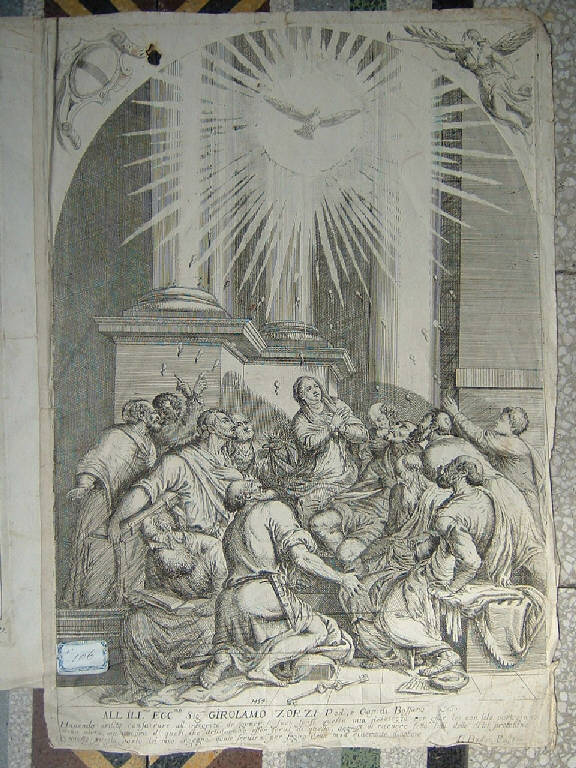 Pentecoste (stampa) di Menarola Crestano, Jacopo da Ponte detto Bassano (sec. XVII)