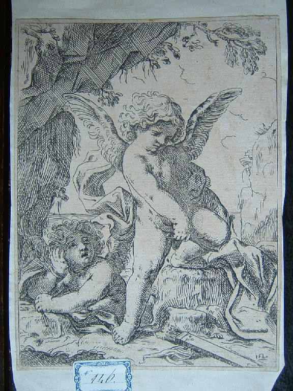 Amor Sacro che spezza l'arco all'Amor Profano, Allegoria (stampa smarginata) di Loli Lorenzo, Loli Lorenzo (sec. XVII)