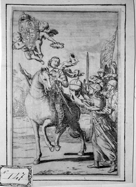 Principe a cavallo con scena allegorica (stampa) - scuola tedesca (sec. XVIII)