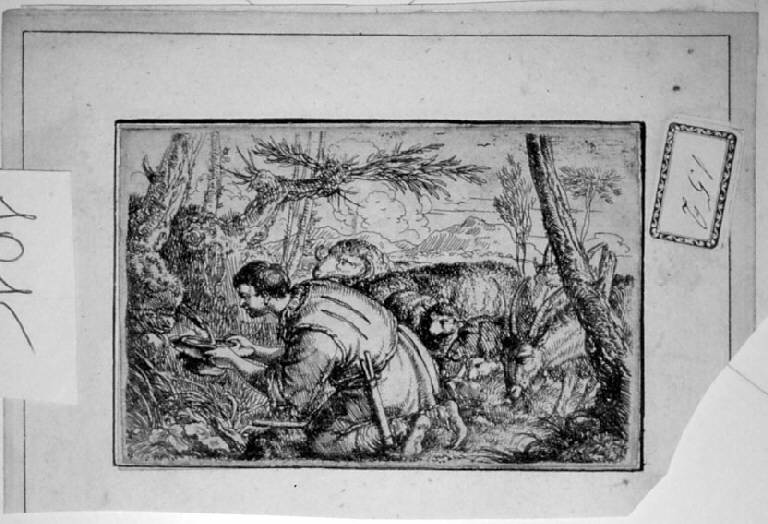 Pastore che prende acqua in un cappello (stampa) - scuola italiana (sec. XVII)
