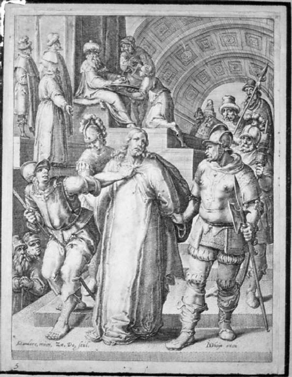 Gesù allontanato da Pilato, Pilato si lava le mani (Stampa smarginata, elemento d'insieme) di Dolendo Zacharias, Van Mander Karel (sec. XVI)