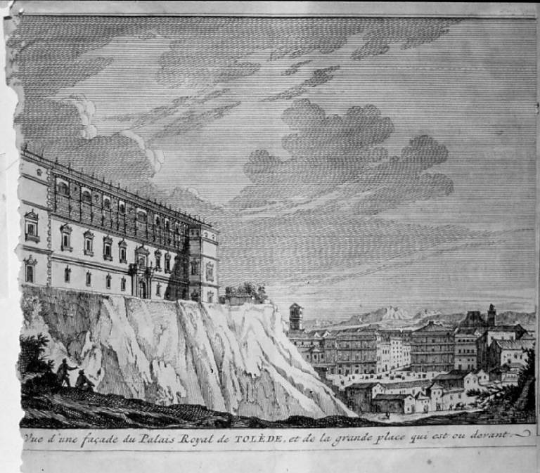 Veduta di una facciata del Palazzo Reale di Toledo e della grande piazza che sta di fronte, Veduta di Toledo (stampa smarginata, elemento d'insieme) - scuola francese (sec. XVIII)