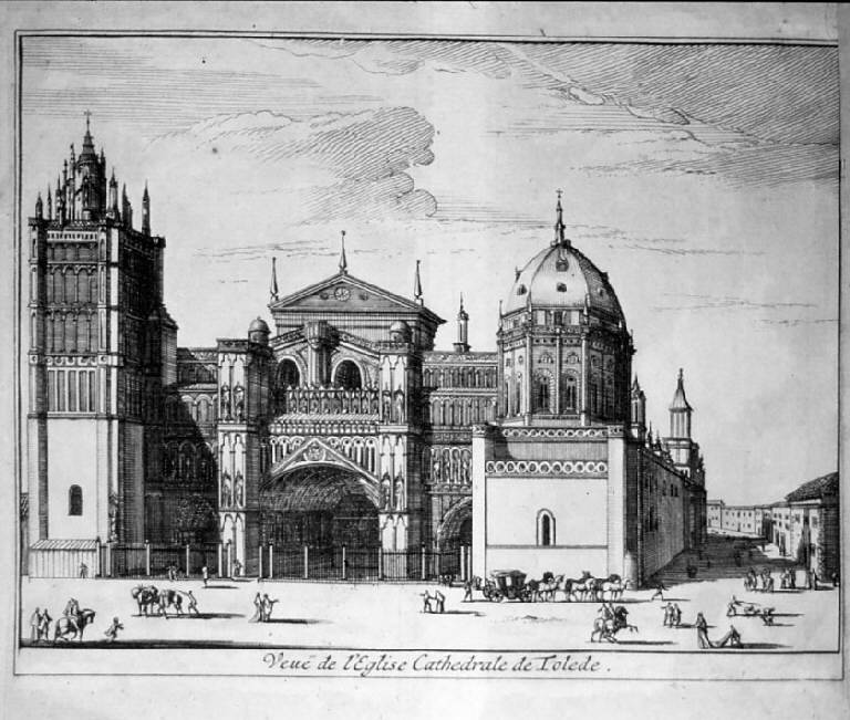 Veduta della Chiesa Cattedrale di Toledo, Veduta di Toledo (stampa smarginata, elemento d'insieme) - scuola francese (sec. XVIII)
