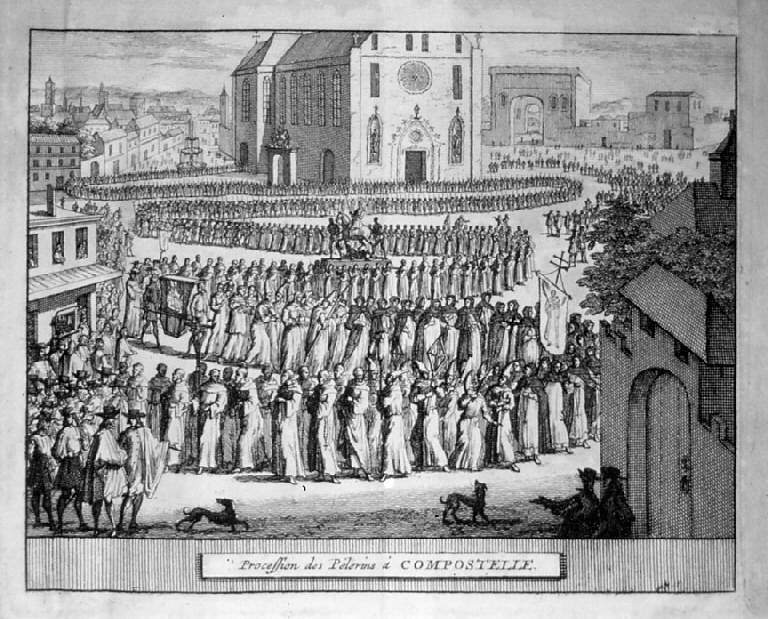 Processione di Pellegrini a Compostela, Veduta di Compostela (stampa smarginata, elemento d'insieme) - scuola francese (sec. XVIII)