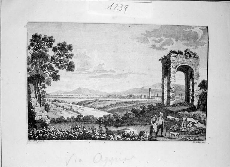 Veduta della Via Appia (stampa smarginata) di Testolini Gaetano, Hackert Jacob-Philipp (sec. XVIII)