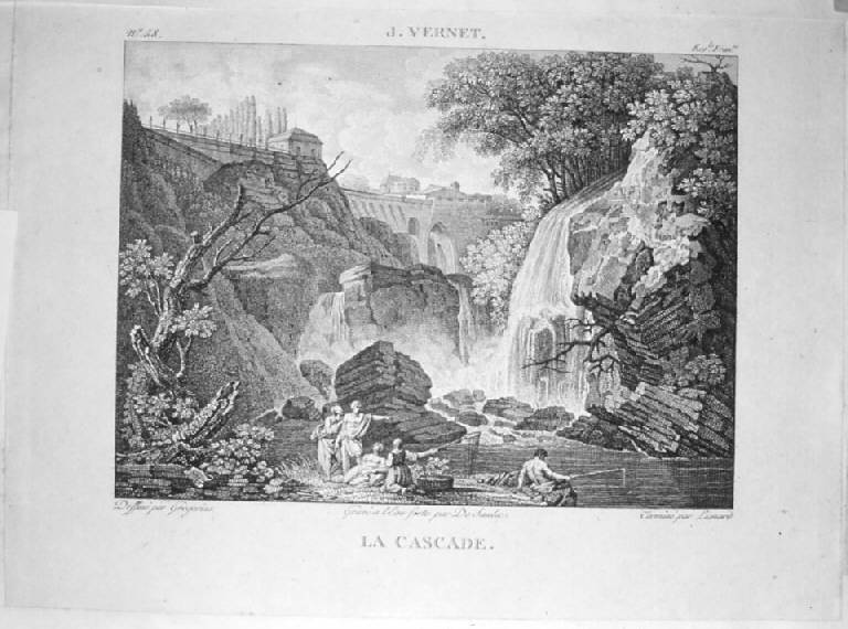 La cascata, Paesaggio fluviale con diga, cascata e pescatori (stampa smarginata, elemento d'insieme) di Desaulx Jean, Lienard, Gregorius, Vernet Claude Joseph (sec. XIX)