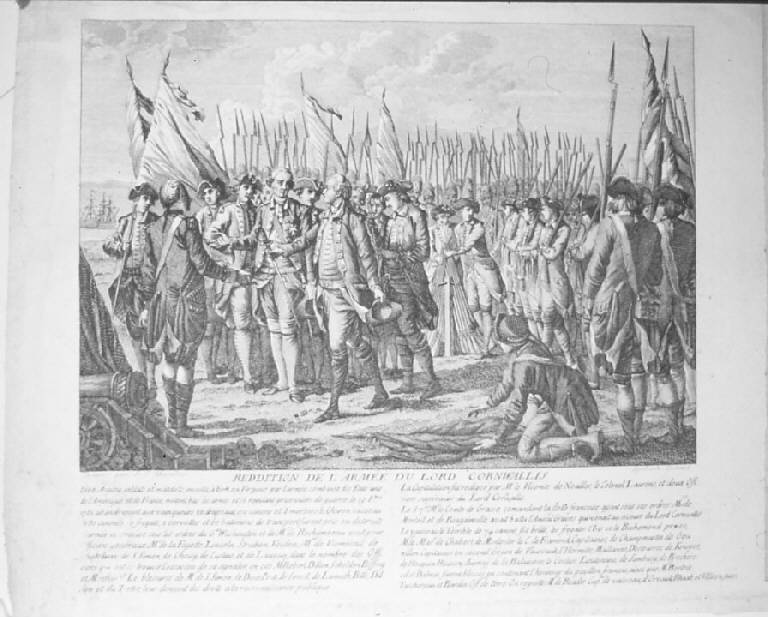 Resa dell'esercito di lord Cornwallis (stampa) di Marillier Clément Pierre, Suntach Antonio (secc. XVIII/ XIX)