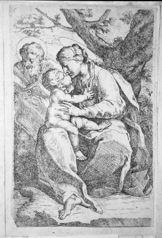 La Sacra Famiglia seduta sotto un albero, Sacra Famiglia (stampa, elemento d'insieme) di Bellavia Marcantonio, Bellavia Marcantonio (sec. XVII)