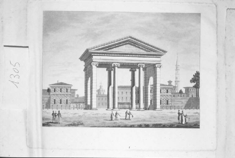 Veduta della porta di una città (stampa) - scuola italiana (prima metà sec. XIX)