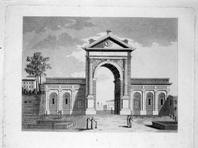 Veduta della porta di una città (stampa) - scuola italiana (prima metà sec. XIX)