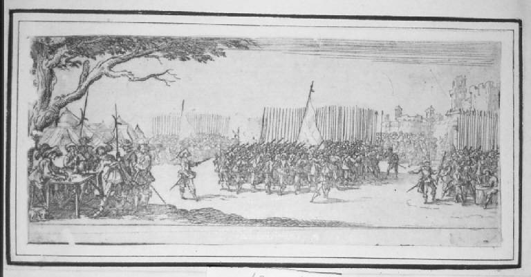 L'arruolamento delle truppe, Arruolamento di truppe (stampa smarginata, elemento d'insieme) di Callot Jacques (sec. XVII)