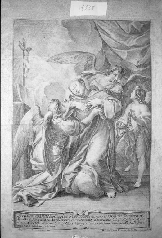 Beato Porro Giovanni Angelo sorretto dagli angeli (stampa) di Frezza Giovanni Gerolamo, Masucci Agostino, Masucci Agostino (sec. XVIII)