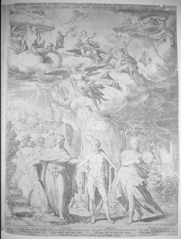 Ercole al bivio (Il principe Massimiliano I di Baviera come Ercole), Ercole al bivio (stampa smarginata) di Sadeler Jan I, Sustris Frederick detto Federico Fiammingo (sec. XVI)