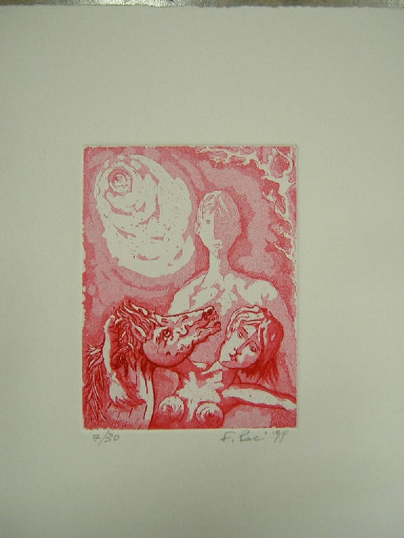 Amanti e cavallo, Figure con cavallo (stampa a colori) di Paci Fulvio, Paci Fulvio (sec. XX)