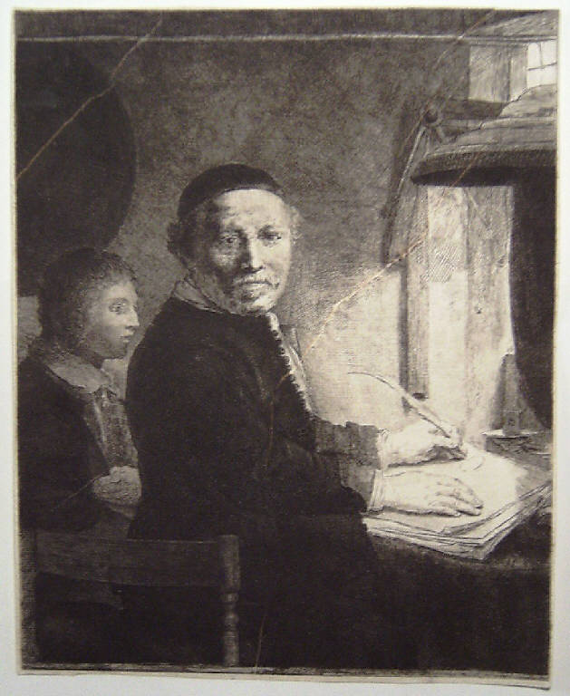 Ritratto di Van Coppenol Lieven Willemsz. che scrive, Ritratto di Van Coppenol Lieven Willemsz. che scrive (stampa smarginata) di Rembrandt (sec. XVII)