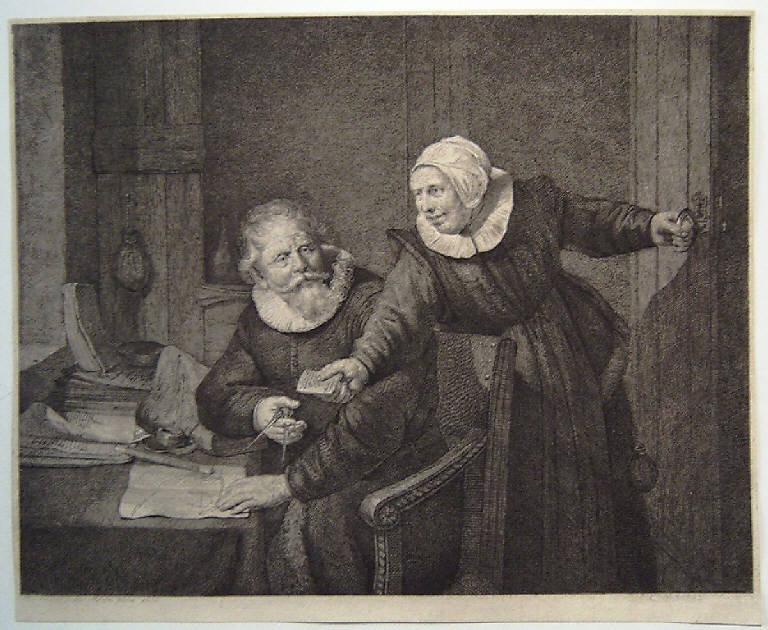 Doppio ritratto del costruttore navale Jan Rijcksen e della moglie Griet Jans, Ritratto del costruttore navale Jan Rijcksen e della moglie Griet Jans (stampa smarginata) di Rembrandt (seconda metà sec. XVII)