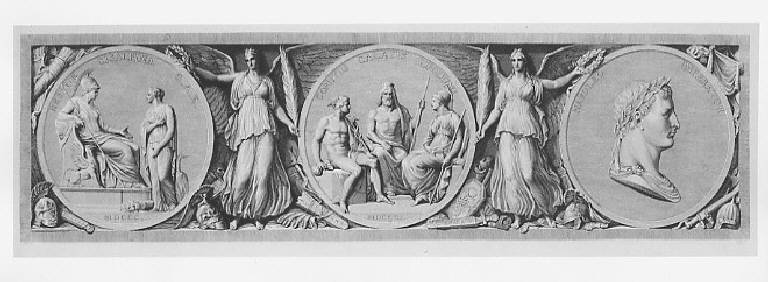 Tre medaglioni allegorici: 1) La Repubblica Cisalpina verso la Francia (14 maggio 1800). 2) I Comizi di Lione, 1801. 3) Napoleone Bonaparte Imperatore (18 maggio 1804), Imprese di Napoleone: medaglioni allegorici (stampa, elemento d'insieme) di Bisi Michele, Longhi Giuseppe, Appiani Andrea (sec. XIX)