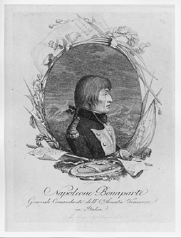 Ritratto di Napoleone Bonaparte generale comandante dell'Armata francese in Italia (stampa) di Lissinio (sec. XVIII)