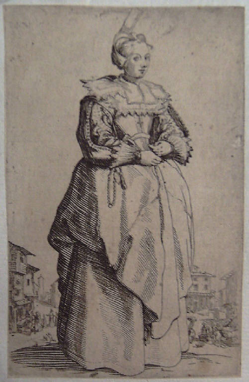 Dama con cuffia (stampa smarginata, elemento d'insieme) di Callot Jacques (sec. XVII)