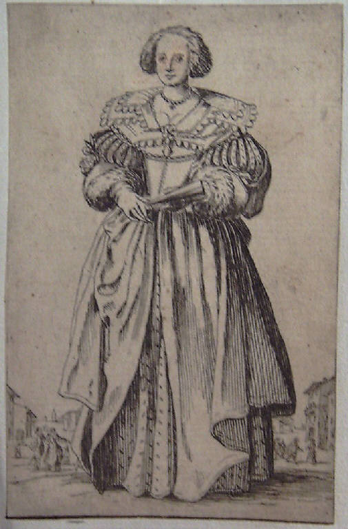 Dama con ventaglio (stampa smarginata, elemento d'insieme) di Callot Jacques (sec. XVII)