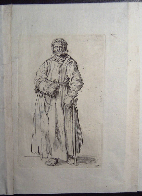 Mendicante con manicotto e stampella (stampa, elemento d'insieme) di Callot Jacques (sec. XVII)