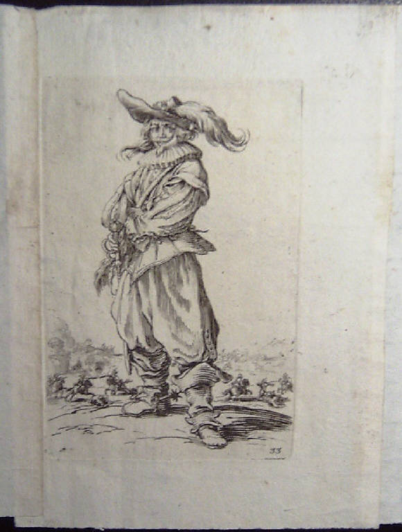 Guerriero col cappello ornato da una grande piuma, Nobili (stampa, elemento d'insieme) di Callot Jacques (sec. XVII)