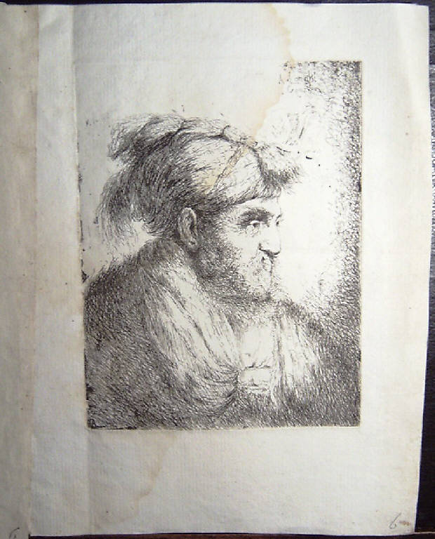 Testa d'uomo con barba e baffi e con cappello ornato, Testa d'uomo con barba e baffi e con cappello ornato (stampa, elemento d'insieme) di Longhi Alessandro, Castiglione Giovanni Benedetto detto Grechetto (sec. XVIII)