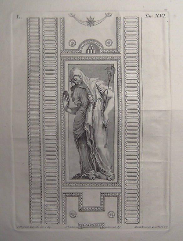 Figura femminile allegorica (stampa, elemento d'insieme) di Crivellari Bartolomeo, Gamma Sebastiano, Tibaldi Pellegrino detto Pellegrino Pellegrini (sec. XVIII)