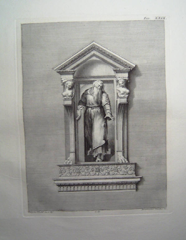 Figura maschile che avanza con il piede sinistro (stampa, elemento d'insieme) di Crivellari Bartolomeo, Gamma Sebastiano, Tibaldi Pellegrino detto Pellegrino Pellegrini (sec. XVIII)