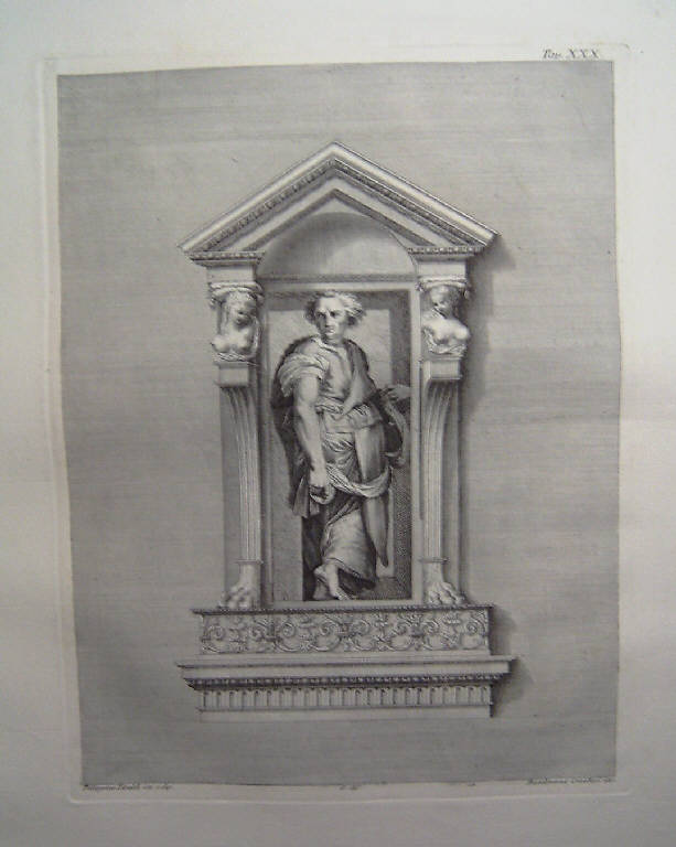 Figura maschile con fascia (stampa, elemento d'insieme) di Crivellari Bartolomeo, Gamma Sebastiano, Tibaldi Pellegrino detto Pellegrino Pellegrini (sec. XVIII)
