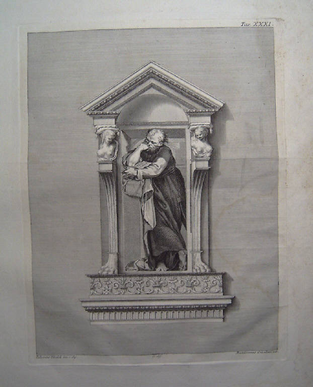 Figura maschile che legge appoggiata ad un pilastro (stampa, elemento d'insieme) di Crivellari Bartolomeo, Gamma Sebastiano, Tibaldi Pellegrino detto Pellegrino Pellegrini (sec. XVIII)