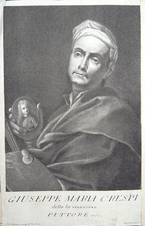 Ritratto di Giuseppe Maria Crespi pittore (stampa smarginata, elemento d'insieme) di Pazzi Pietro Antonio, Campiglia Giovanni Domenico, Crespi Giuseppe Maria (terzo quarto sec. XVIII)